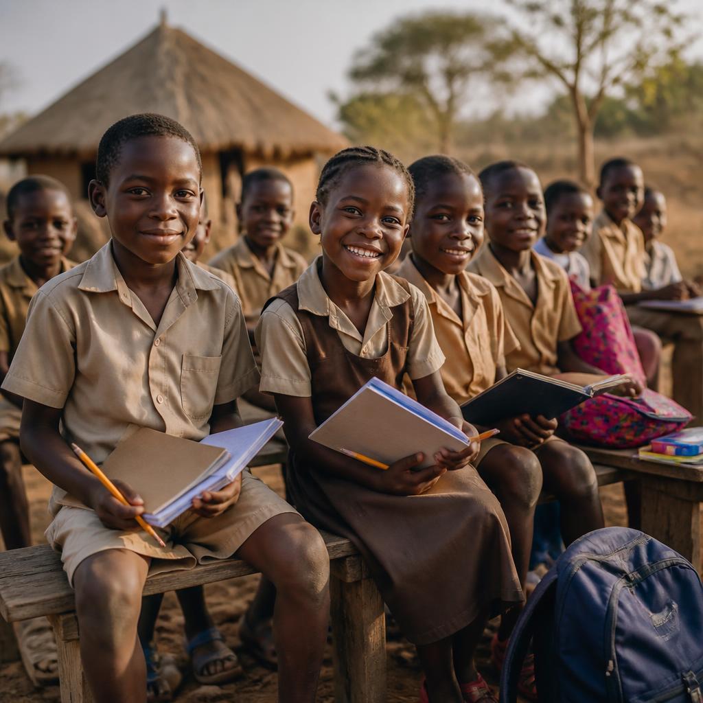 Primary school children in Zimbabwe holding new exercise books